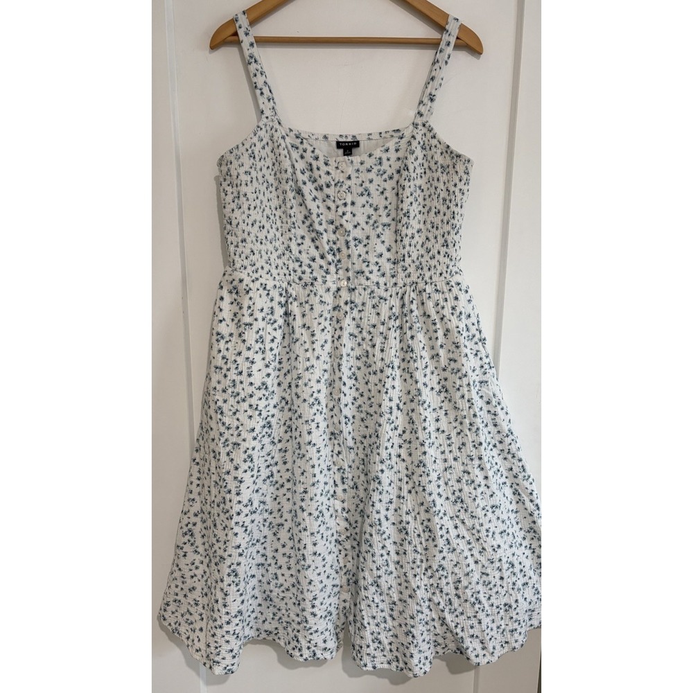 TORRID Size 2 2X Faux Button Front Midi Dress Smocked Crinkle Gauze Blue Floral - Picture 1 of 11